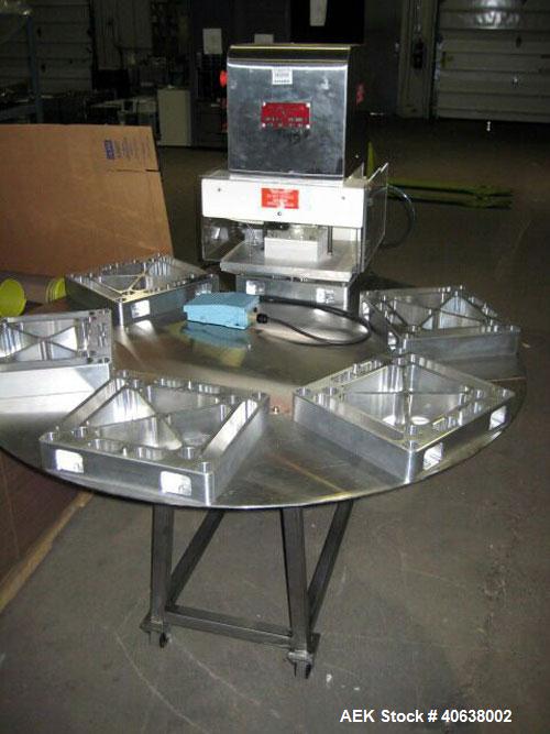 Used Visual Thermoforming Six Station Rotary Blister Sealer, model D-S-6-F. 51'' diameter turntable. 12” x 14” (30 cm x 35 cm) seal area. Blister depth 3 ¼” (8.26 cm) standard, seal pressure 2,000 lb...