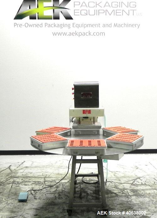 Used Visual Thermoforming Six Station Rotary Blister Sealer, model D-S-6-F. 51'' diameter turntable. 12” x 14” (30 cm x 35 cm) seal area. Blister depth 3 ¼” (8.26 cm) standard, seal pressure 2,000 lb...