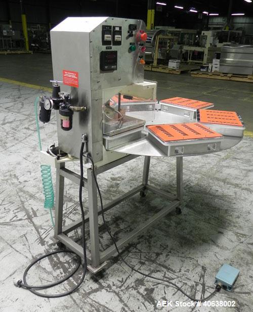 Used Visual Thermoforming Six Station Rotary Blister Sealer, model D-S-6-F. 51'' diameter turntable. 12” x 14” (30 cm x 35 cm) seal area. Blister depth 3 ¼” (8.26 cm) standard, seal pressure 2,000 lb...