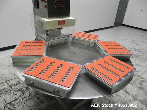 Used Visual Thermoforming Six Station Rotary Blister Sealer, model D-S-6-F. 51'' diameter turntable. 12” x 14” (30 cm x 35 cm) seal area. Blister depth 3 ¼” (8.26 cm) standard, seal pressure 2,000 lb...