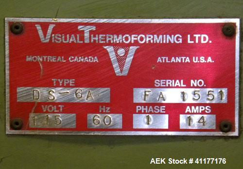 Used Visual Thermoforming Rotary Blister Sealer, Model DS-6A, carbon steel. (6) 12" x 14" seal area. Blister depth up to 3-1/2". Seal pressure 2000 pounds at 100 psi. Temperature range 0 to 600 deg F...