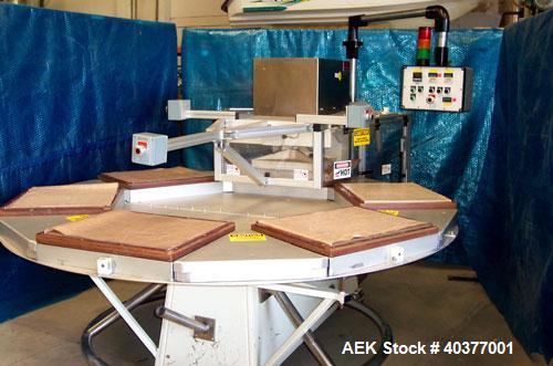 Used Visual Packaging Thermoforming Six Station Rotary Blister Sealer, model ESDS-6. Approximately 78” diameter turntable, 18" x 22" ( 45.7 cm x 56 cm ) seal area. Seal pressure 5000 lbs @ 100 psi (2...