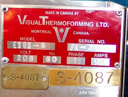 Used Visual Packaging Thermoforming Six Station Rotary Blister Sealer, model ESDS-6. Approximately 78” diameter turntable, 18" x 22" ( 45.7 cm x 56 cm ) seal area. Seal pressure 5000 lbs @ 100 psi (2...