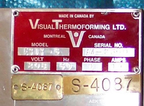 Used Visual Packaging Thermoforming Six Station Rotary Blister Sealer, model ESDS-6. Approximately 78” diameter turntable, 18" x 22" ( 45.7 cm x 56 cm ) seal area. Seal pressure 5000 lbs @ 100 psi (2...