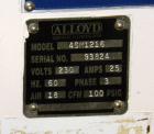 Used Alloyd Brands Four Station Rotary Blister Sealer, Model 4SM1216sn 93-824. Capable of speeds 10 to 20 indexes per minute, indexes per minute multiplied by the number of packages per nesting tray....
