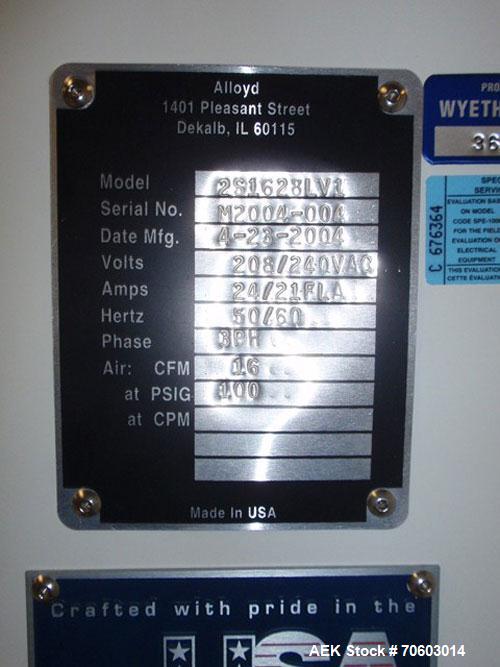 Used Alloyd Model 2S1628LU1 Two Station Shuttle Blister Sealer. Has a seal area of 16" x 28". Seal temperature range: up to 800 deg F. Seal dwell range: 1 - 15 second cycles. Has an Analog dwell time...