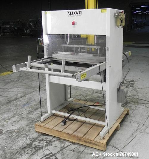 Used Alloyd Model 2SM1428 Shuttle Type Blister Sealer. Seal area 14" (wide) x 18" (long). Temperature range 0 - 800 deg Farenheit. Seal dwell range 0 - 15 seconds. 16 cfm @ 100 psi. 3/60/230V.