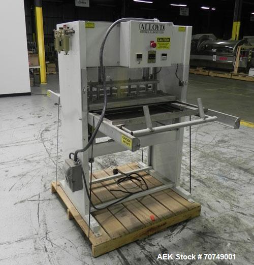 Used Alloyd Model 2SM1428 Shuttle Type Blister Sealer. Seal area 14" (wide) x 18" (long). Temperature range 0 - 800 deg Farenheit. Seal dwell range 0 - 15 seconds. 16 cfm @ 100 psi. 3/60/230V.