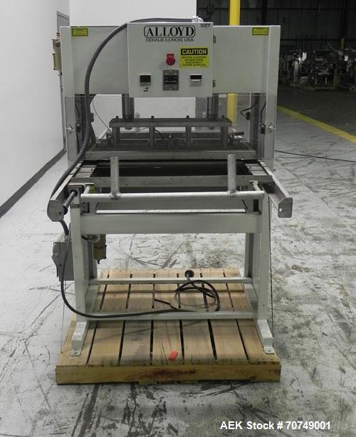 Used Alloyd Model 2SM1428 Shuttle Type Blister Sealer. Seal area 14" (wide) x 18" (long). Temperature range 0 - 800 deg Farenheit. Seal dwell range 0 - 15 seconds. 16 cfm @ 100 psi. 3/60/230V.