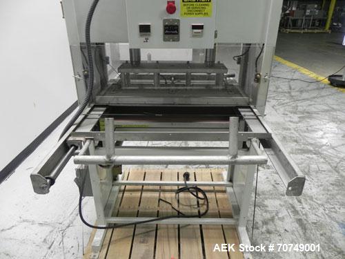 Used Alloyd Model 2SM1428 Shuttle Type Blister Sealer. Seal area 14" (wide) x 18" (long). Temperature range 0 - 800 deg Farenheit. Seal dwell range 0 - 15 seconds. 16 cfm @ 100 psi. 3/60/230V.