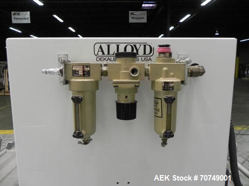 Used Alloyd Model 2SM1428 Shuttle Type Blister Sealer. Seal area 14" (wide) x 18" (long). Temperature range 0 - 800 deg Farenheit. Seal dwell range 0 - 15 seconds. 16 cfm @ 100 psi. 3/60/230V.