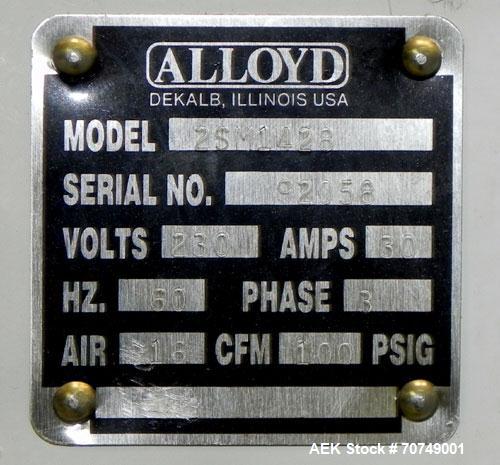 Used Alloyd Model 2SM1428 Shuttle Type Blister Sealer. Seal area 14" (wide) x 18" (long). Temperature range 0 - 800 deg Farenheit. Seal dwell range 0 - 15 seconds. 16 cfm @ 100 psi. 3/60/230V.