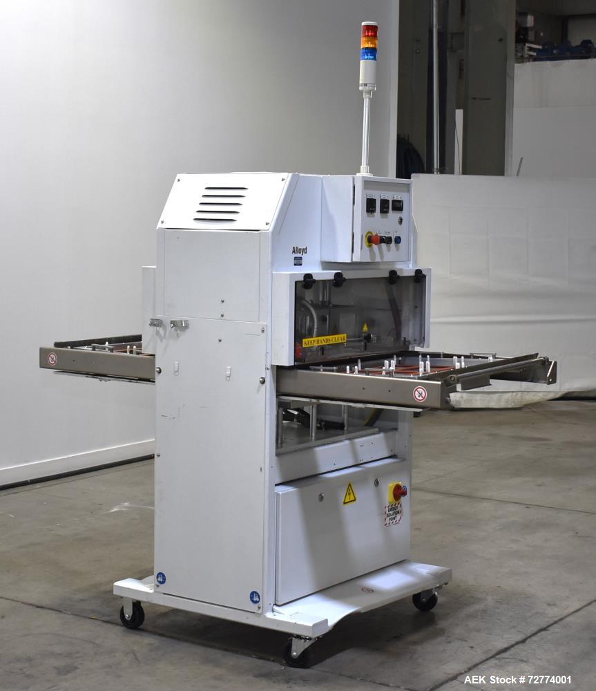 Used Alloyd Aergo 2 Plus Semi Automatic Shuttle Style Blister Sealer. Capable of speeds up to 8 cycles per minute. Sealing capacity: 14" x 28". Temperature range: Ambient - 550 degrees F. Two station...