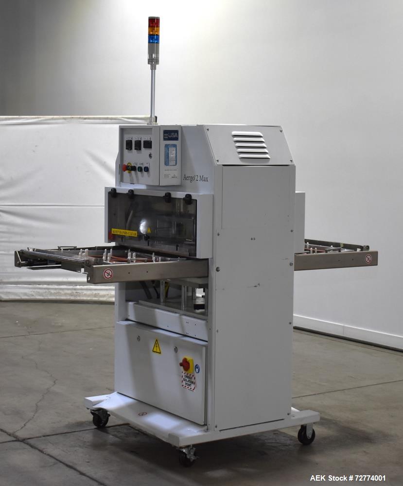 Used Alloyd Aergo 2 Plus Semi Automatic Shuttle Style Blister Sealer. Capable of speeds up to 8 cycles per minute. Sealing capacity: 14" x 28". Temperature range: Ambient - 550 degrees F. Two station...