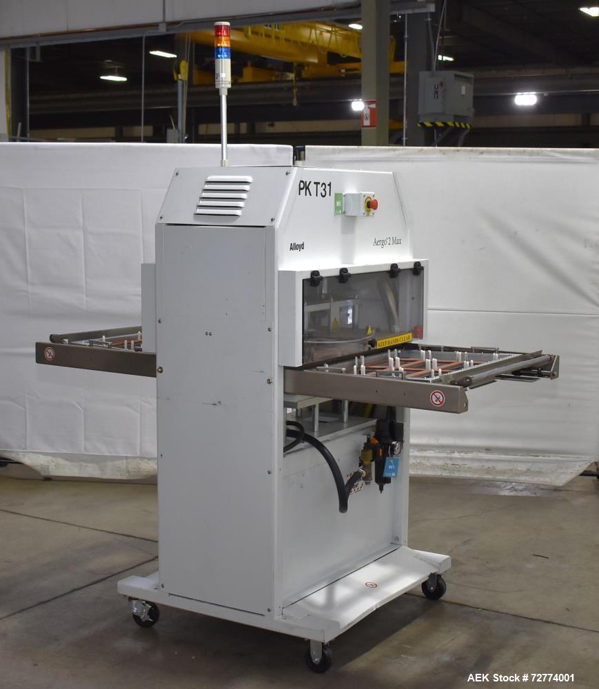 Used Alloyd Aergo 2 Plus Semi Automatic Shuttle Style Blister Sealer. Capable of speeds up to 8 cycles per minute. Sealing capacity: 14" x 28". Temperature range: Ambient - 550 degrees F. Two station...