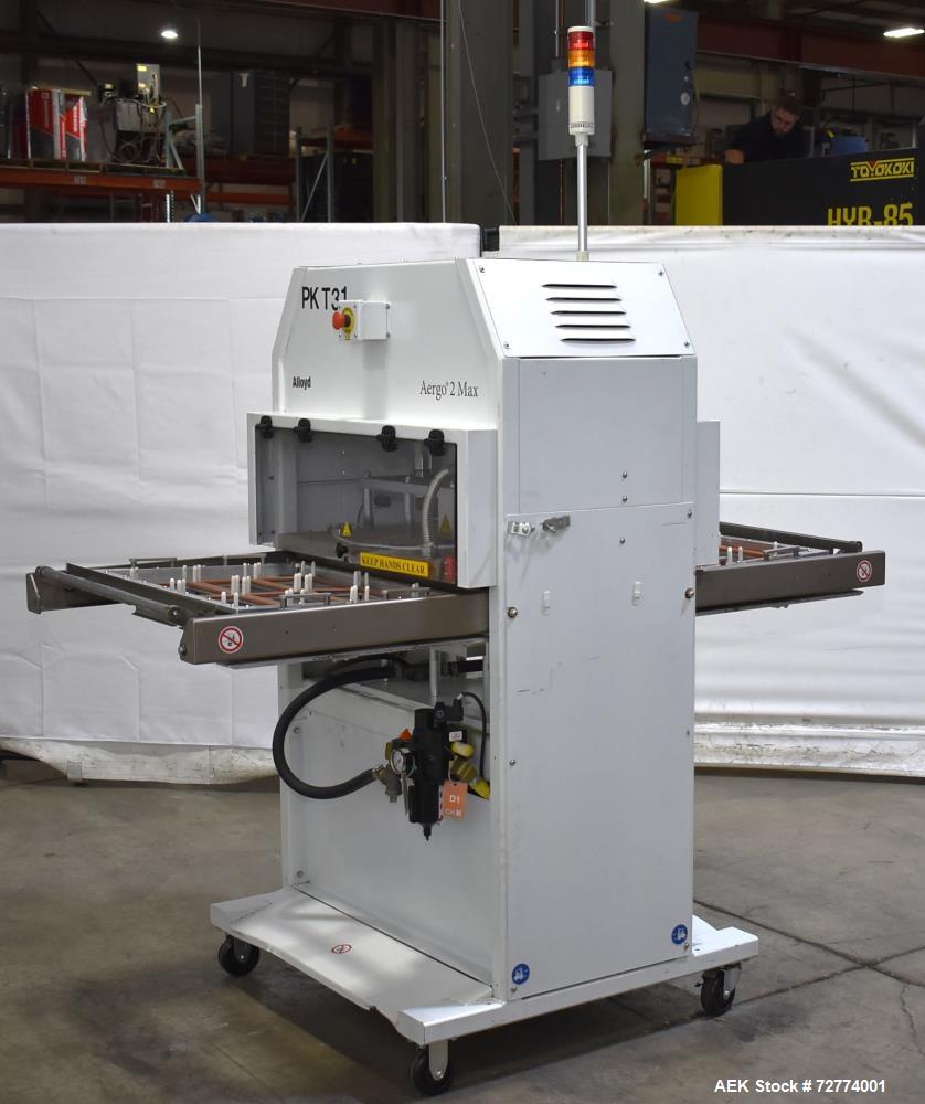Used Alloyd Aergo 2 Plus Semi Automatic Shuttle Style Blister Sealer. Capable of speeds up to 8 cycles per minute. Sealing capacity: 14" x 28". Temperature range: Ambient - 550 degrees F. Two station...