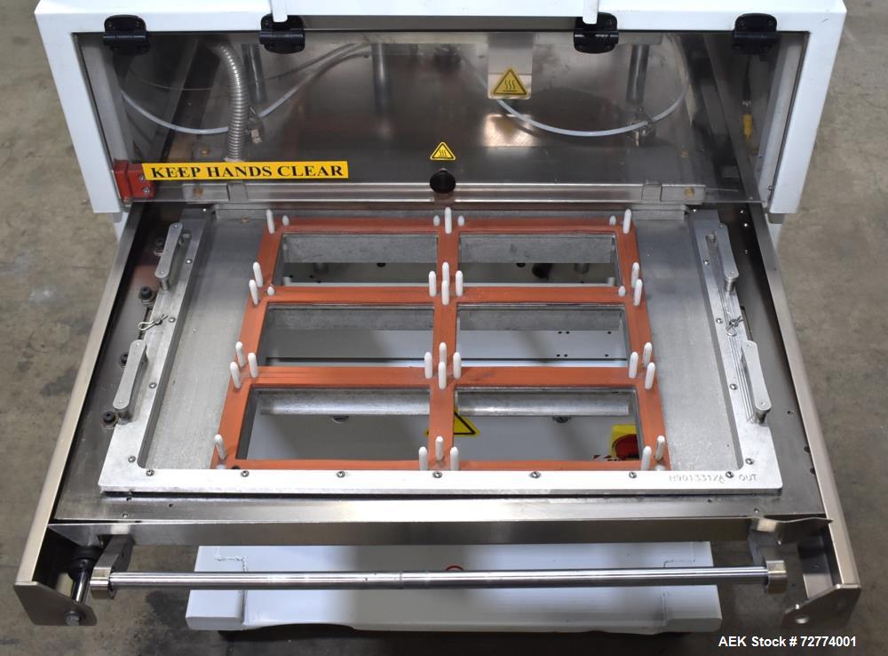 Used Alloyd Aergo 2 Plus Semi Automatic Shuttle Style Blister Sealer. Capable of speeds up to 8 cycles per minute. Sealing capacity: 14" x 28". Temperature range: Ambient - 550 degrees F. Two station...