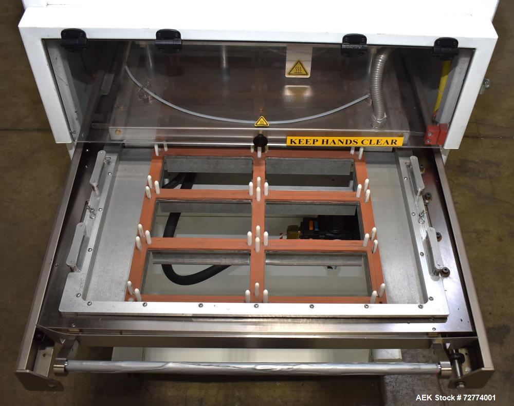 Used Alloyd Aergo 2 Plus Semi Automatic Shuttle Style Blister Sealer. Capable of speeds up to 8 cycles per minute. Sealing capacity: 14" x 28". Temperature range: Ambient - 550 degrees F. Two station...