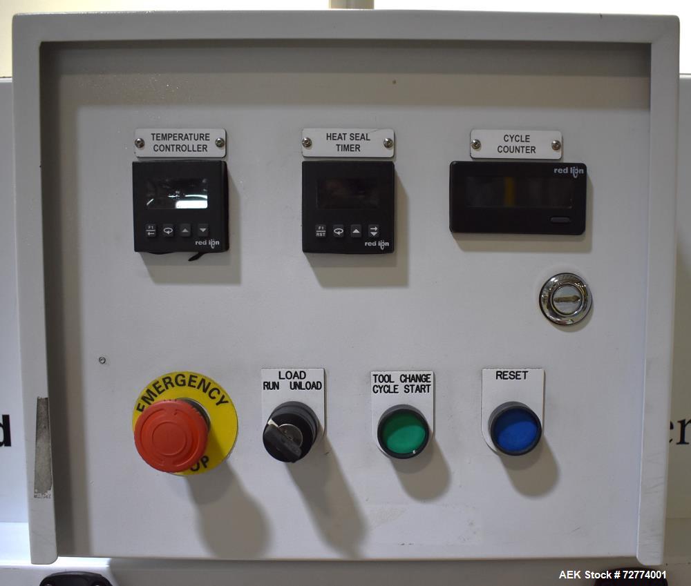 Used Alloyd Aergo 2 Plus Semi Automatic Shuttle Style Blister Sealer. Capable of speeds up to 8 cycles per minute. Sealing capacity: 14" x 28". Temperature range: Ambient - 550 degrees F. Two station...