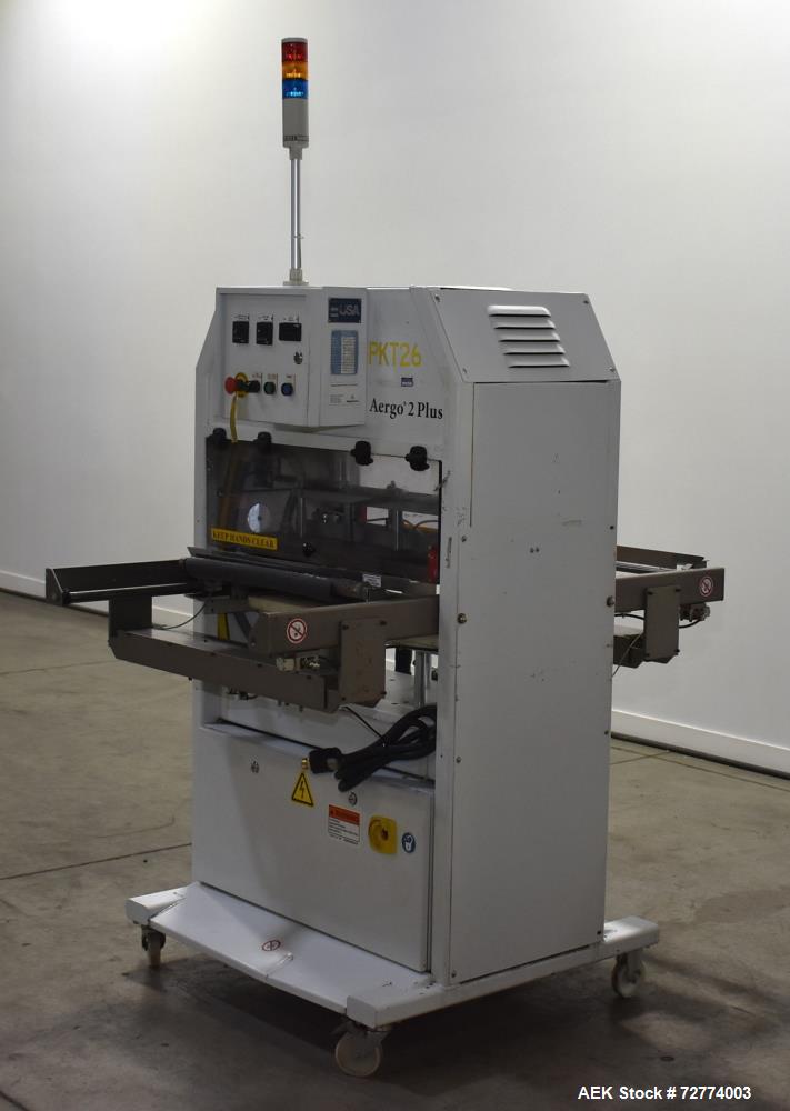 Used Alloyd Aergo 2 Plus Semi Automatic Shuttle Style Blister Sealer. Capable of speeds up to 8 cycles per minute. Sealing capacity: 14" x 28". Temperature range: Ambient - 550 degrees F. Two station...