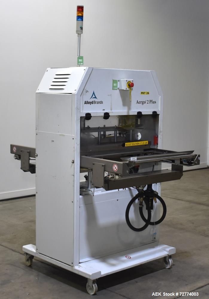 Used Alloyd Aergo 2 Plus Semi Automatic Shuttle Style Blister Sealer. Capable of speeds up to 8 cycles per minute. Sealing capacity: 14" x 28". Temperature range: Ambient - 550 degrees F. Two station...