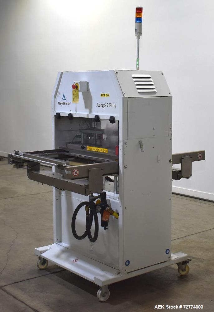 Used Alloyd Aergo 2 Plus Semi Automatic Shuttle Style Blister Sealer. Capable of speeds up to 8 cycles per minute. Sealing capacity: 14" x 28". Temperature range: Ambient - 550 degrees F. Two station...