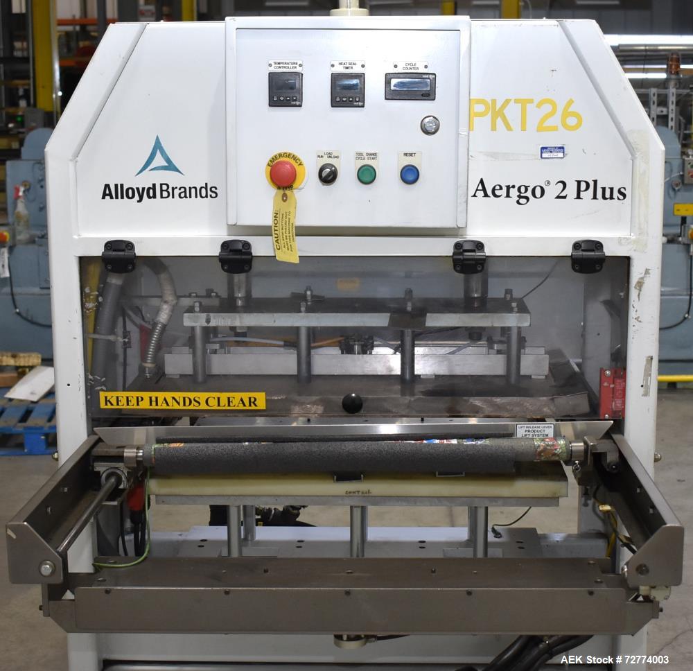 Used Alloyd Aergo 2 Plus Semi Automatic Shuttle Style Blister Sealer. Capable of speeds up to 8 cycles per minute. Sealing capacity: 14" x 28". Temperature range: Ambient - 550 degrees F. Two station...