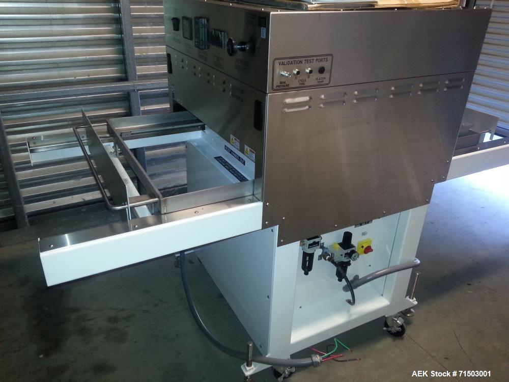 Used Belco Packaging Systems Medical Tray Sealer, Model BM EL 3025. Two station, shuttle style, 30" x 25" seal platen. Up to 3" deep trays, 208-240 volts, 40 Amps, 1 phase, 50/60 Hz. 0.48 Cubic feet ...
