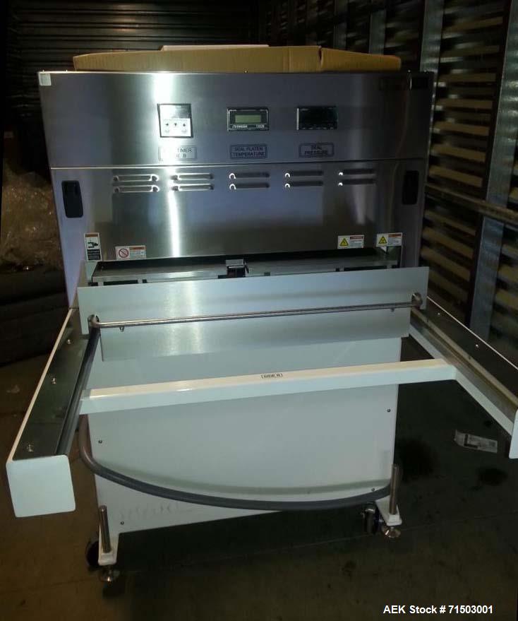 Used Belco Packaging Systems Medical Tray Sealer, Model BM EL 3025. Two station, shuttle style, 30" x 25" seal platen. Up to 3" deep trays, 208-240 volts, 40 Amps, 1 phase, 50/60 Hz. 0.48 Cubic feet ...