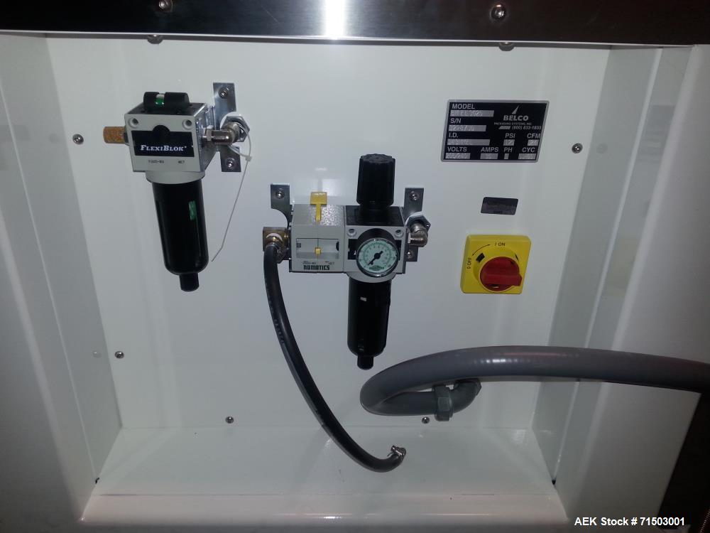 Used Belco Packaging Systems Medical Tray Sealer, Model BM EL 3025. Two station, shuttle style, 30" x 25" seal platen. Up to 3" deep trays, 208-240 volts, 40 Amps, 1 phase, 50/60 Hz. 0.48 Cubic feet ...