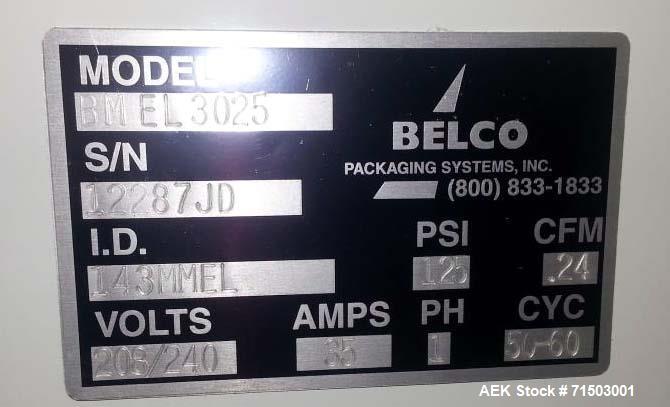 Used Belco Packaging Systems Medical Tray Sealer, Model BM EL 3025. Two station, shuttle style, 30" x 25" seal platen. Up to 3" deep trays, 208-240 volts, 40 Amps, 1 phase, 50/60 Hz. 0.48 Cubic feet ...