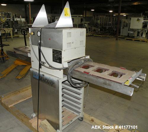 Used Sencorp F-20 Blister Sealer. Two station shuttle blister sealer has a 13" x 21" seal area. Maximum blister depth: 4.5". Cylinder size: 3.5".  Air requremets: 65 to 100 psi. Mounted on stand.