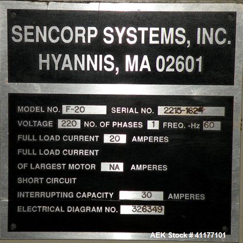 Used Sencorp F-20 Blister Sealer. Two station shuttle blister sealer has a 13" x 21" seal area. Maximum blister depth: 4.5". Cylinder size: 3.5".  Air requremets: 65 to 100 psi. Mounted on stand.