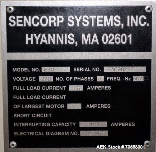 Used Sencorp 630 Blister Sealer.  Two station shuttle blister sealer has a 13" x 21" seal area.  Maximum blister depth: 4.5".  Cylinder size: 3.5".  Air requirements: 65 to 100 psi.  3/50/60 hz, 220V...