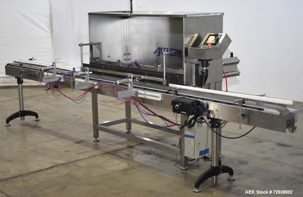 Used Accutek S/S (6) Head Automatic Pneumatic Bottle Washer / Rinser, Model 50BR1L02. Product Speed 60-90 CPM Depending on Container. Fill size range: 0.33oz - 16oz (10ml - 475ml). Bottle Gripper Ass...
