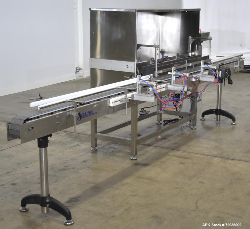 Used Accutek S/S (6) Head Automatic Pneumatic Bottle Washer / Rinser, Model 50BR1L02. Product Speed 60-90 CPM Depending on Container. Fill size range: 0.33oz - 16oz (10ml - 475ml). Bottle Gripper Ass...
