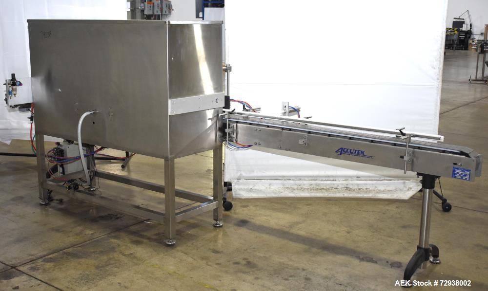 Used Accutek S/S (6) Head Automatic Pneumatic Bottle Washer / Rinser, Model 50BR1L02. Product Speed 60-90 CPM Depending on Container. Fill size range: 0.33oz - 16oz (10ml - 475ml). Bottle Gripper Ass...