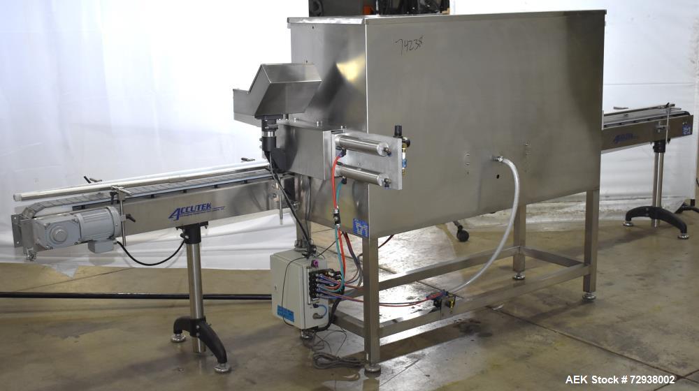 Used Accutek S/S (6) Head Automatic Pneumatic Bottle Washer / Rinser, Model 50BR1L02. Product Speed 60-90 CPM Depending on Container. Fill size range: 0.33oz - 16oz (10ml - 475ml). Bottle Gripper Ass...