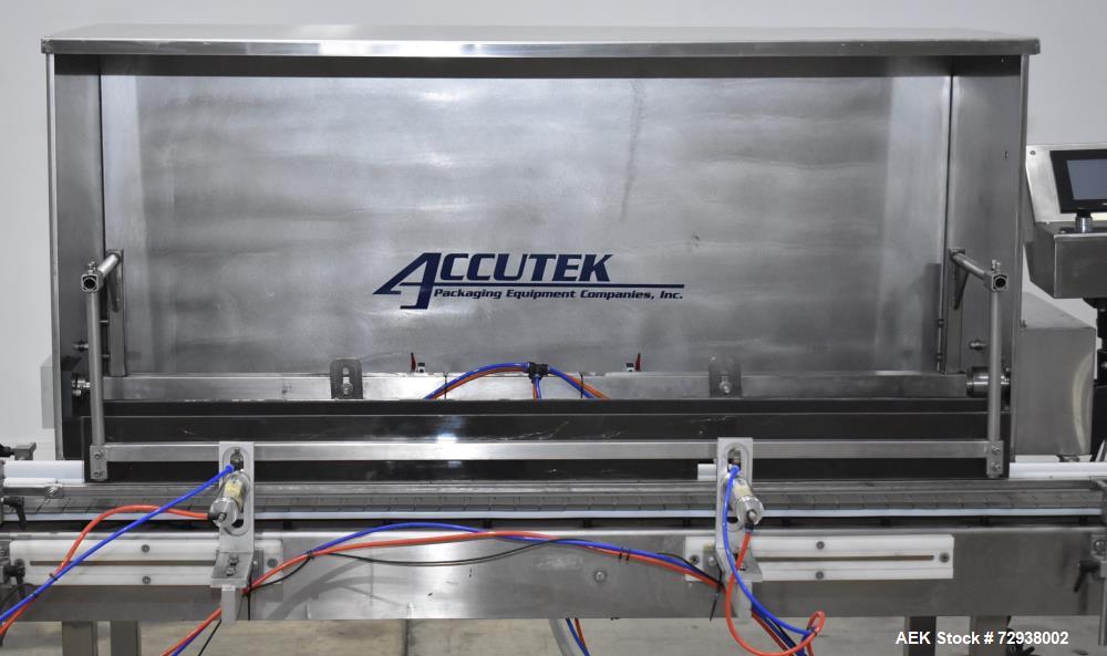 Used Accutek S/S (6) Head Automatic Pneumatic Bottle Washer / Rinser, Model 50BR1L02. Product Speed 60-90 CPM Depending on Container. Fill size range: 0.33oz - 16oz (10ml - 475ml). Bottle Gripper Ass...