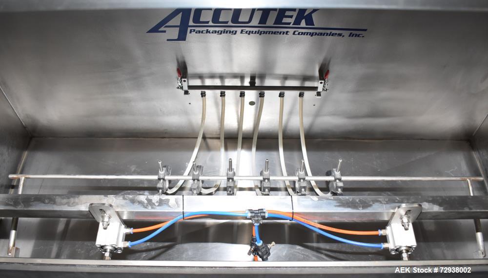 Used Accutek S/S (6) Head Automatic Pneumatic Bottle Washer / Rinser, Model 50BR1L02. Product Speed 60-90 CPM Depending on Container. Fill size range: 0.33oz - 16oz (10ml - 475ml). Bottle Gripper Ass...