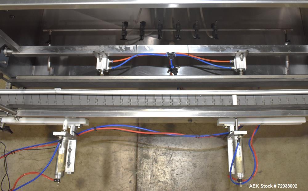 Used Accutek S/S (6) Head Automatic Pneumatic Bottle Washer / Rinser, Model 50BR1L02. Product Speed 60-90 CPM Depending on Container. Fill size range: 0.33oz - 16oz (10ml - 475ml). Bottle Gripper Ass...