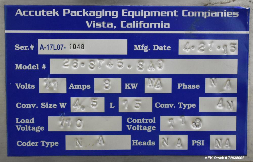 Used Accutek S/S (6) Head Automatic Pneumatic Bottle Washer / Rinser, Model 50BR1L02. Product Speed 60-90 CPM Depending on Container. Fill size range: 0.33oz - 16oz (10ml - 475ml). Bottle Gripper Ass...