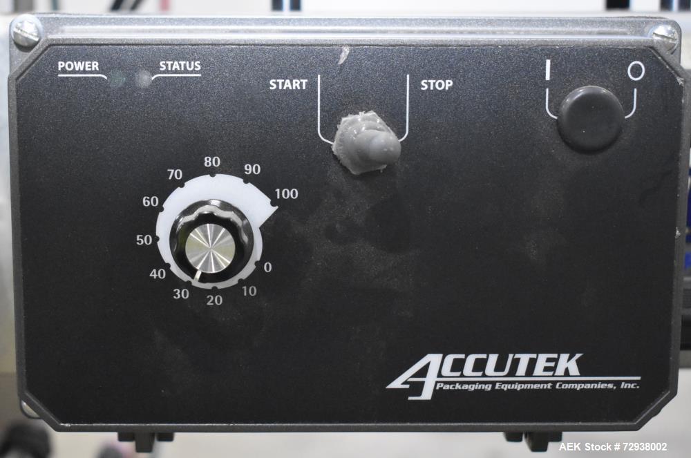 Used Accutek S/S (6) Head Automatic Pneumatic Bottle Washer / Rinser, Model 50BR1L02. Product Speed 60-90 CPM Depending on Container. Fill size range: 0.33oz - 16oz (10ml - 475ml). Bottle Gripper Ass...