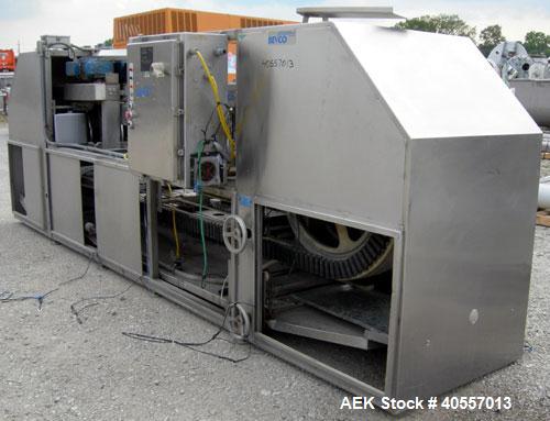 Used Bevco Low Level Bottle Gripper Air Rinser/ Inverter, Model 600, 304 stainless steel. Approximately 400 bottles per minute. Unit is on 12' centers from centerline of wheel to centerline, maximum ...