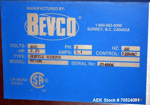 Used Bevco Model M150R Ionized Air Bottle Rinser. Machine can operate at speeds of up to 150 bottle per minute. Is a 2 speed function machine. Has vacuum manifold. Machine uses ionized air. 3/60/460V...