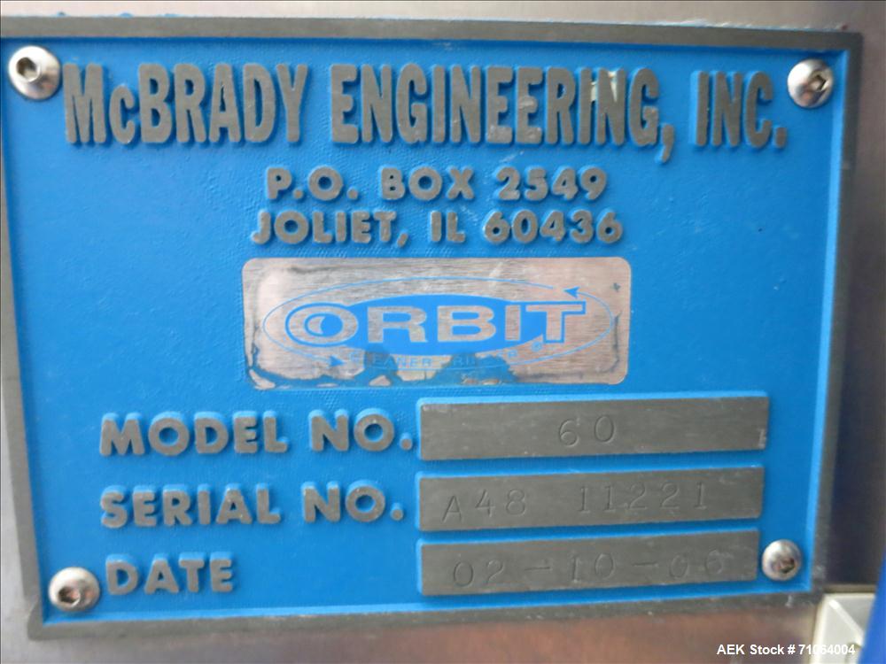 Used McBrady Engineering Orbital Air Bottle Rinser, Model 60.  Currently set up for 750 ml, change parts for 375 ml.  Stainless steel frame.  Includes speed control,  Missing power supply.  No motor ...