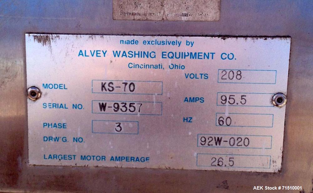 Used Alvey Tray Washer, Model KS-70. (2) Tray racks/carts, each cart holds 45 trays. Maximum tray dimensions 21"x 26 1/2". (3) levels of 15 trays on the cart. 3 phase/ 60 cycles / 208 Volts. 72" wide...