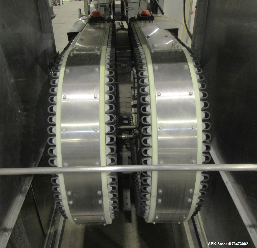 Used Bevco Model 510 Automatic Inline Bottle Gripper Rinser. Capable of speeds up to 500 containers per minute (depending on application). Container Size Range 1.5" - 9" (diameter) x 2" - 13" (height...