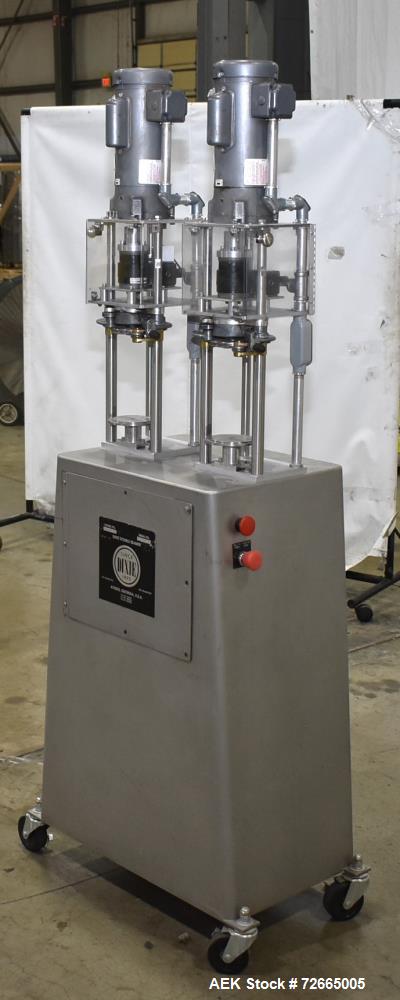 Used Dixie Twin Double Can Seamer, Model 25D-TWIN-AL. Capable of up to 30 cans per minute. Adaptable for closing containers from 2" to 4-1/4" diameter and up to 7" tall. Semi-automatic can seamer wit...