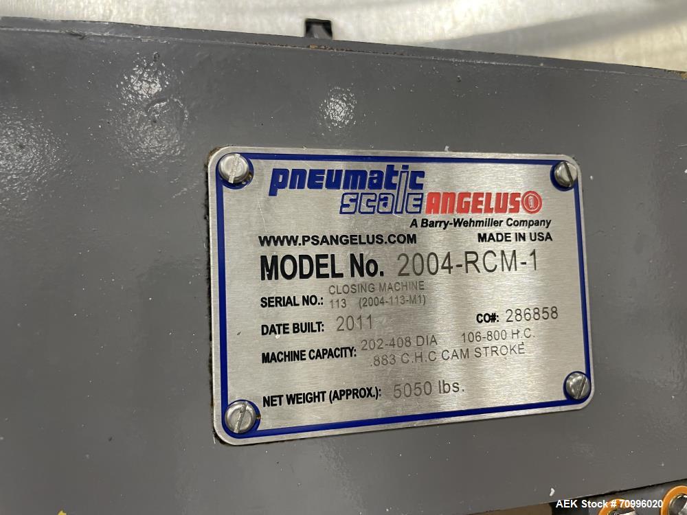 Used Pneumatic Scale Can Seamer, Model 2004RCM-1 set up on 302/301 diameter cans. Has Fleetwood extended magazine feed. Worm screw to star container handling. Can size range: 202 - 408 (diameter) x 1...